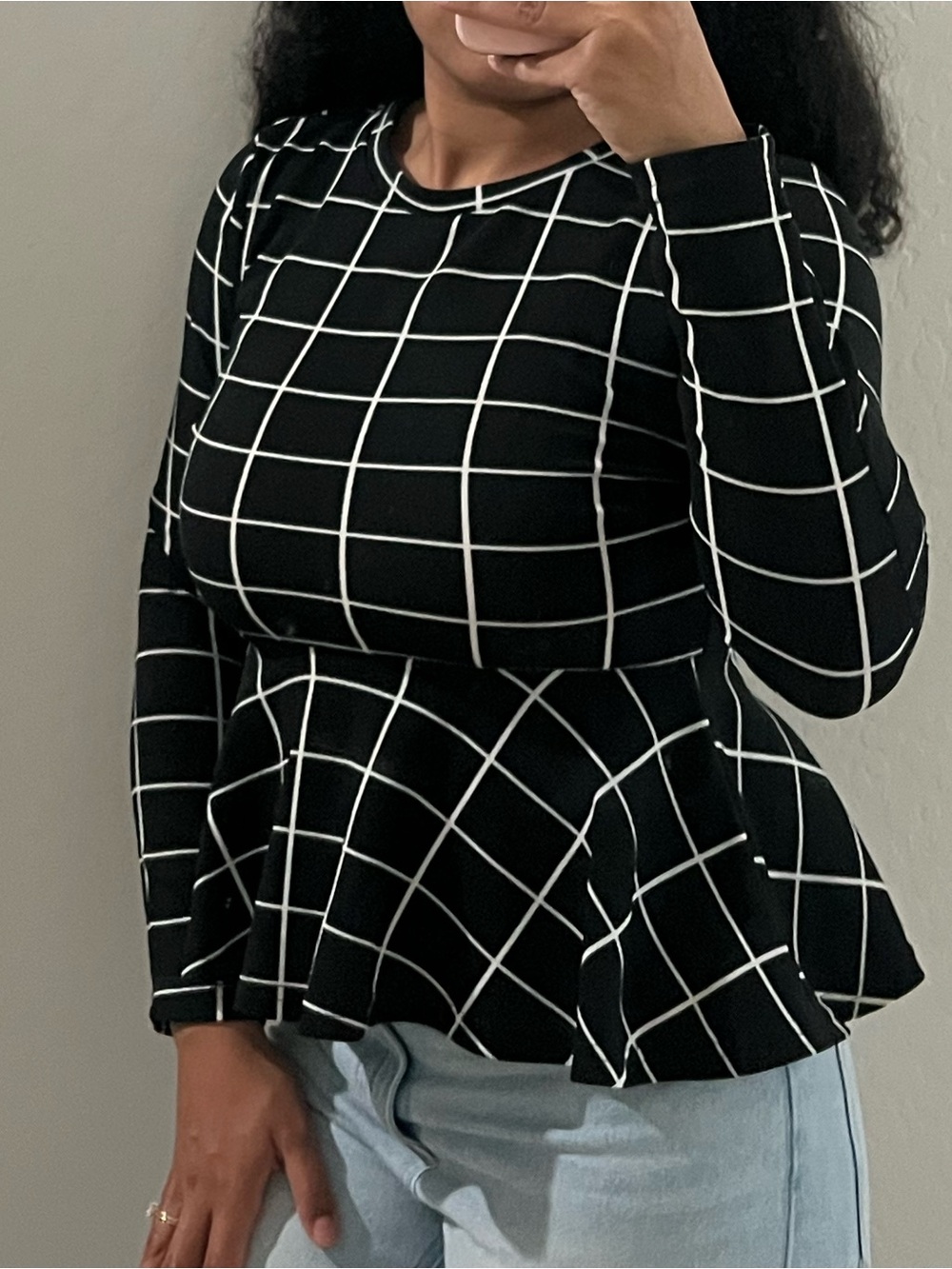 Black Grid-Print Peplum Long-Sleeve Dress Top
